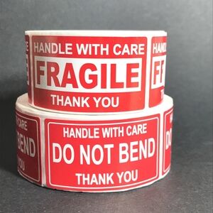 100 Red Fragile Handle W Care Stickers &100 Handle W Care  Do Not Bend